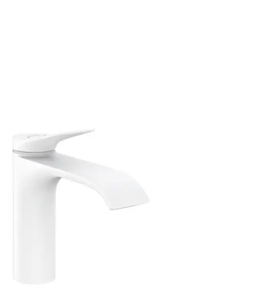 Weißer Waschtischmischer von Hansgrohe mit einer schmalen, leicht abgerundeten Auslaufkante und einem dezenten Hebel zur Steuerung des Wassers.